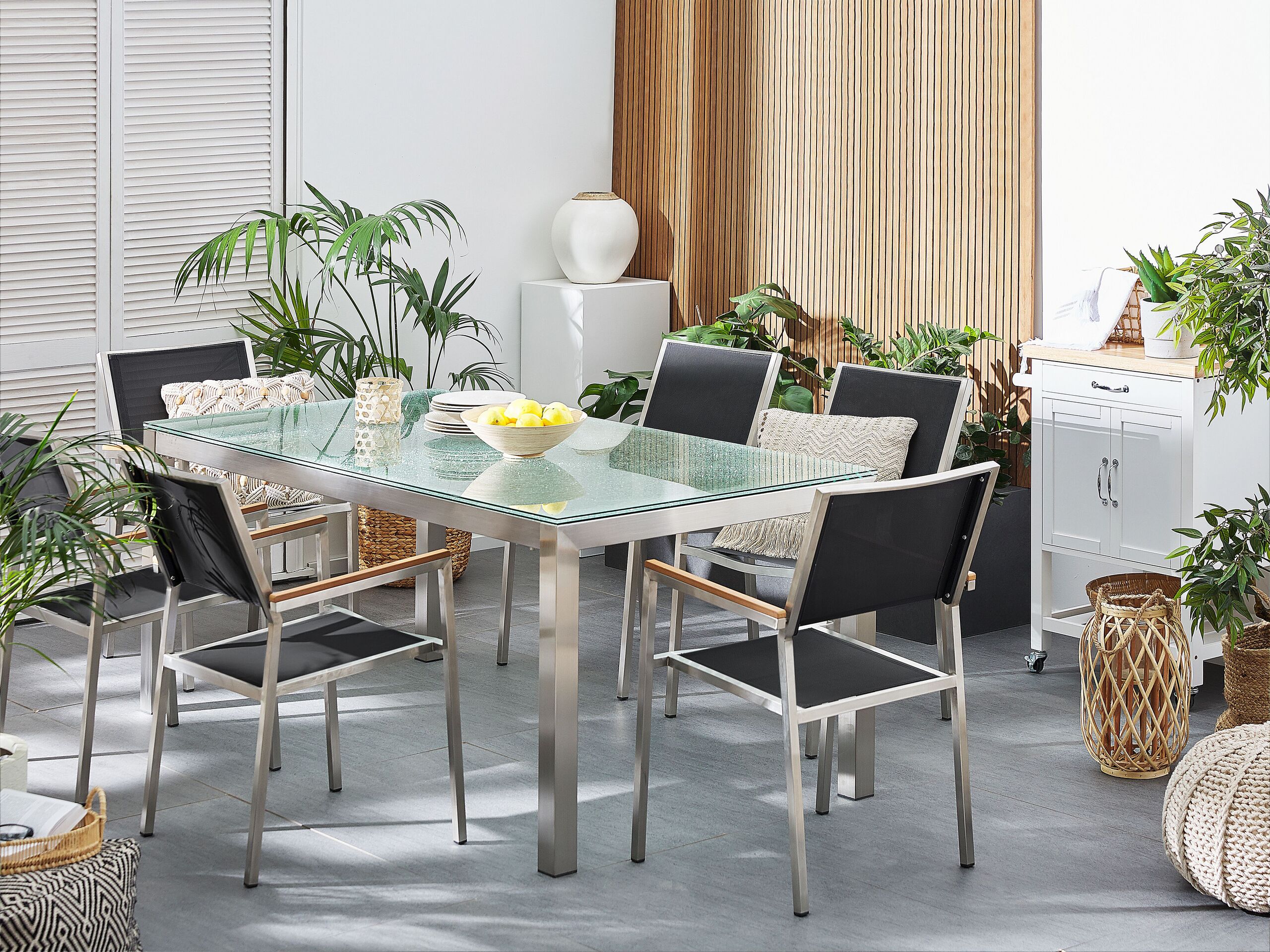 Conjunto de mesa com tampo em vidro temperado 180 x 90 cm e 6 cadeiras pretas GROSSETO