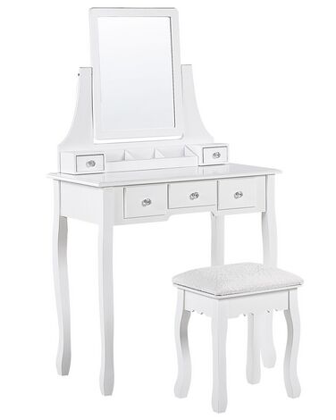 Toaletka 5 szuflad prostokątne lustro i stołek biała RAYON 