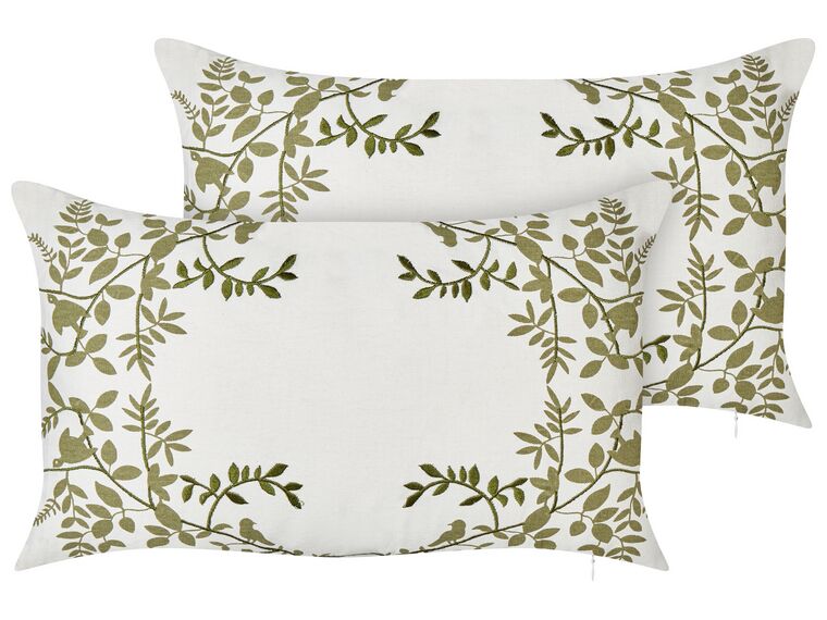 2 bawełniane poduszki dekoracyjne w kwiaty 30 x 50 cm białe z zielonym ZALEYA_914048