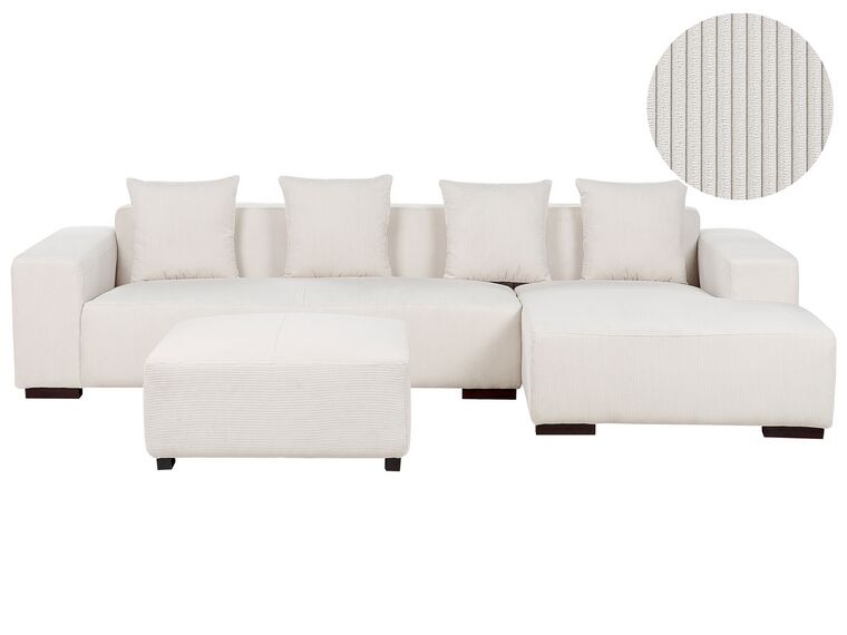 Canapé d'angle 4 places côté gauche en velours côtelé blanc cassé avec ottoman LUNGO_898376
