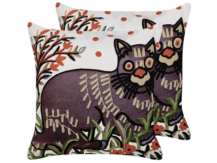 Set of 2 Embroidered Cotton Cushions Cat Motif 50 x 50 cm Multicolour PHUSRO_829335