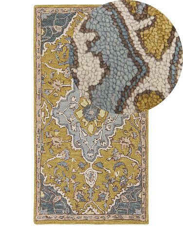Teppich Wolle gelb / blau 80 x 150 cm orientalisches Muster Kurzflor MUCUR