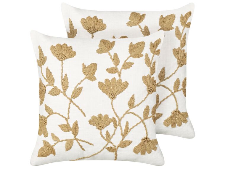 Set of 2 Embroidered Cotton Cushions Floral Pattern 45 x 45 cm White and Beige LUDISIA_892674