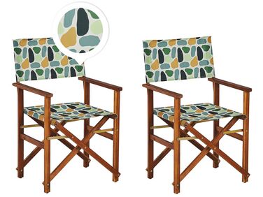 Set of 2 Acacia Folding Chairs and 2 Replacement Fabrics Dark Wood with Grey / Geometric Pattern CINE