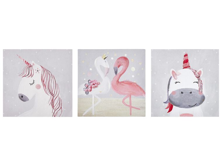 Set of 3 Animals Canvas Art Prints 30 x 30 cm Grey and Pink TIMIA_819752