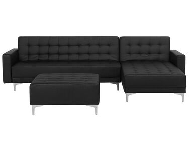 Left Hand Faux Leather Corner Sofa with Ottoman Black ABERDEEN