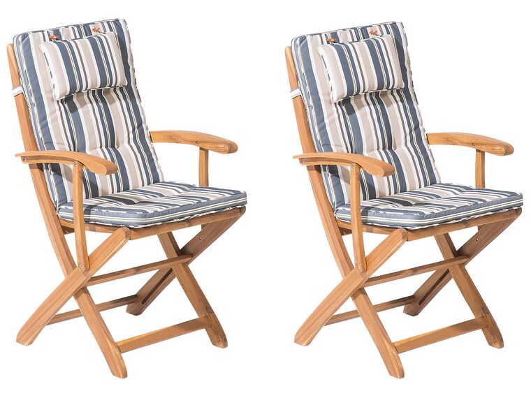 Zestaw 2 krzeseł ogrodowych drewniany z niebiesko-beżowymi poduszkami MAUI_722037