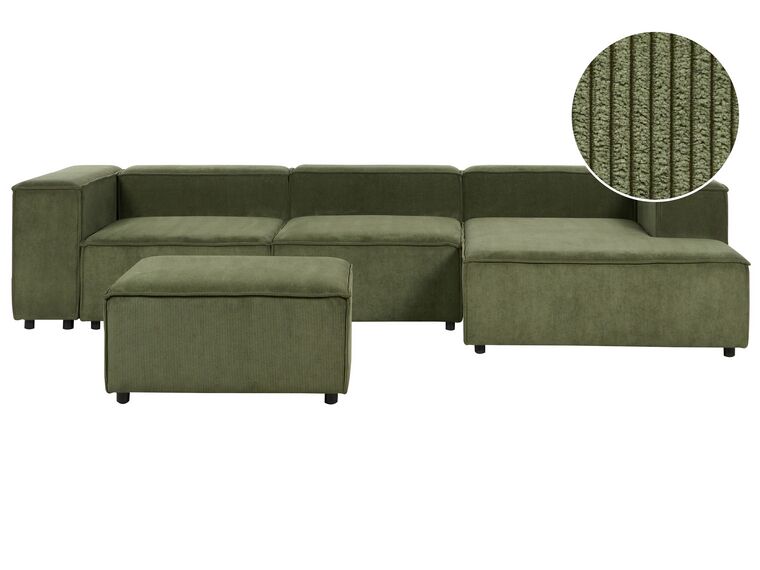 Left Hand 3 Seater Modular Jumbo Cord Corner Sofa with Ottoman Green APRICA_904174