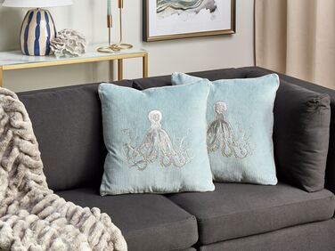 Set of 2 Velvet Cushions Octopus Motif 45 x 45 cm Blue LAMINARIA