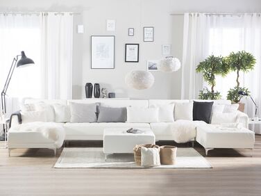 6-seters sofa med sovefunksjon + fotskammel kunstskinn hvit ABERDEEN