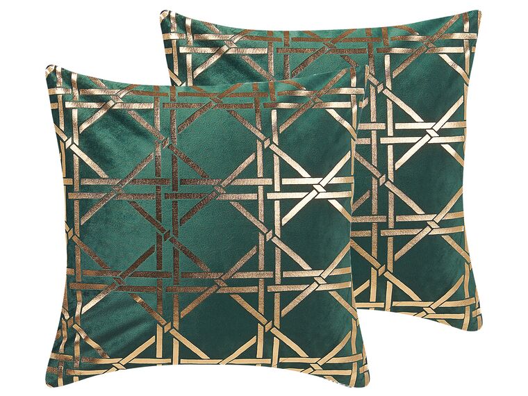 Set of 2 Cushions Geometric Pattern 45 x 45 cm Green with Gold CASSIA_813776
