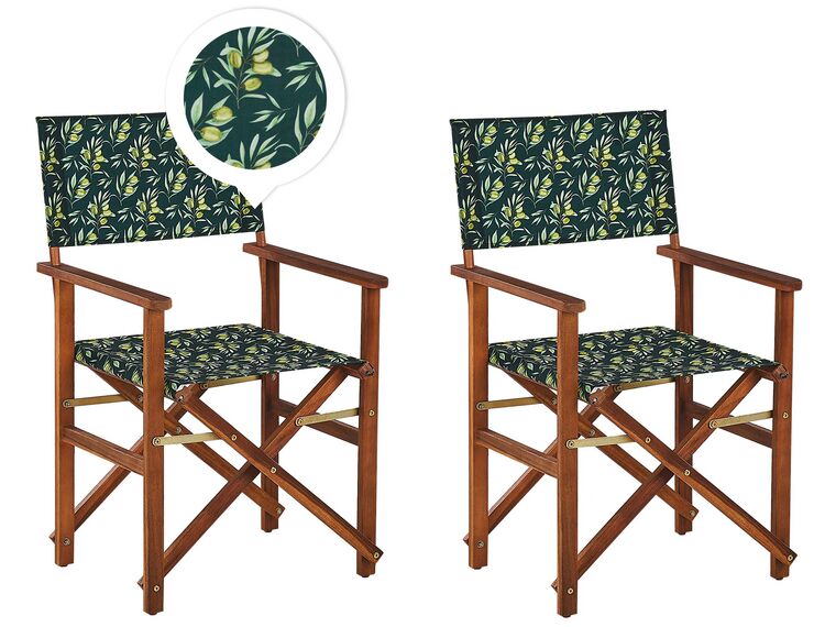 Set of 2 Acacia Folding Chairs and 2 Replacement Fabrics Dark Wood with Off-White / Olives Pattern CINE_819081