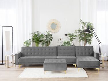 Left Hand Modular Velvet Sofa with Ottoman Grey ABERDEEN