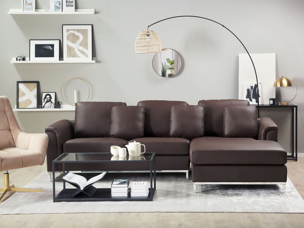 Left Hand Leather Corner Sofa Brown OSLO Beliani.co.uk