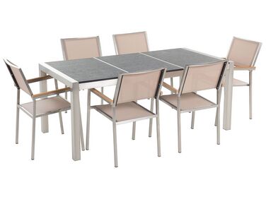 Conjunto de mesa com tampo triplo granito flameado preto 180 x 90 cm e 6 cadeiras creme GROSSETO