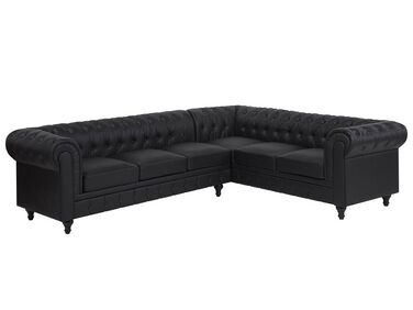 Left Hand Faux Leather Corner Sofa Black CHESTERFIELD