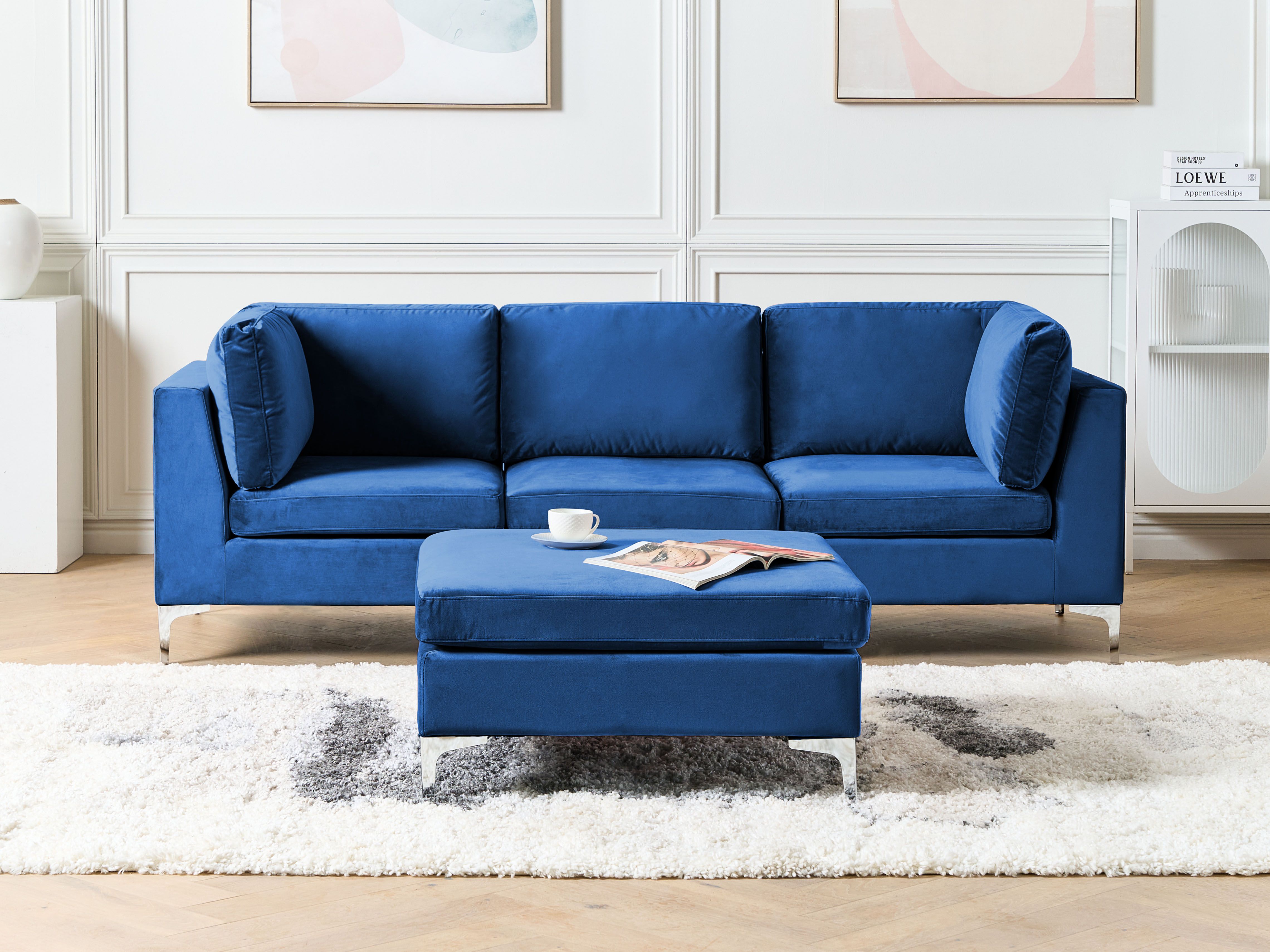3 Seater Modular Velvet Sofa with Ottoman Blue EVJA Beliani.co.uk