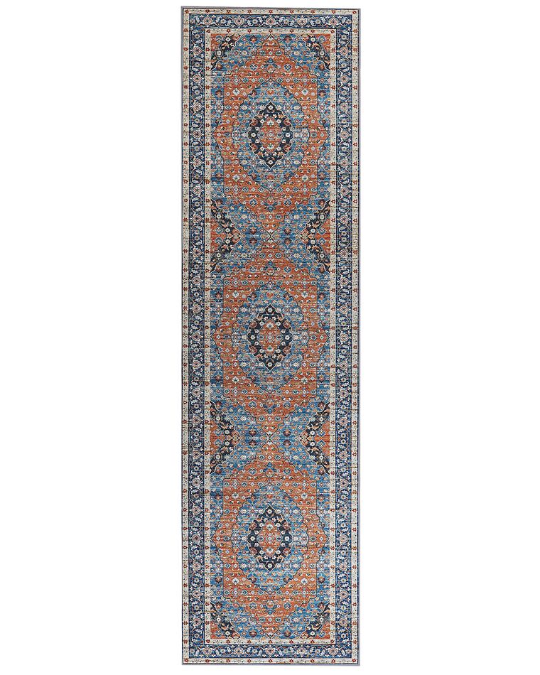 Teppich blau / orange 80 x 300 cm orientalisches Muster Kurzflor MIDALAM_831397