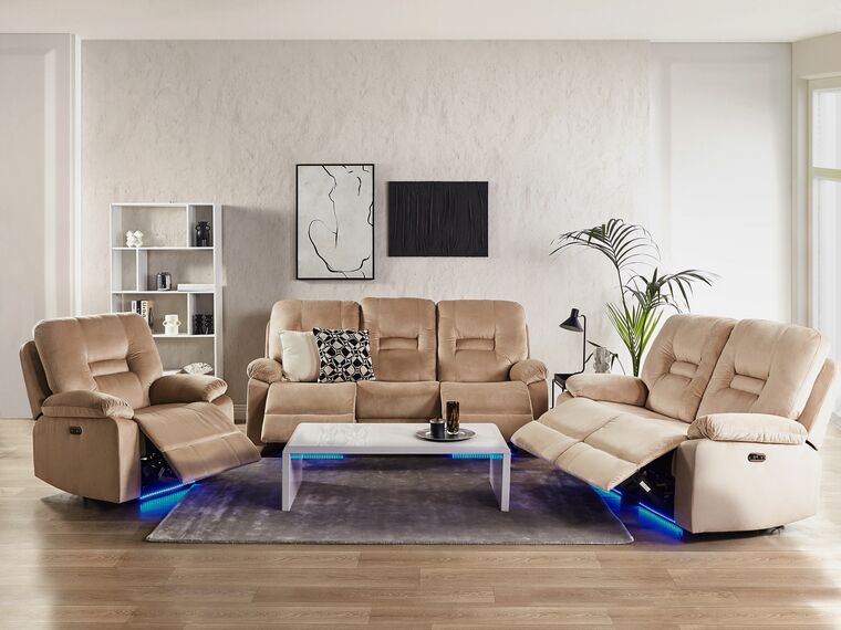 Ensemble de salon électrique inclinable en velours beige avec LED et