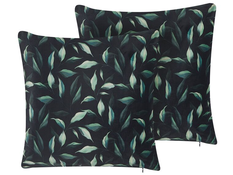 Set of 2 Velvet Cushions Leaf Pattern 45 x 45 cm Green and Black TOADFLAX_818795
