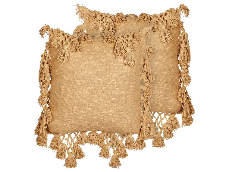 Set of 2 Cotton Cushions with Tassels 45 x 45 cm Sand Beige OLEARIA_914012