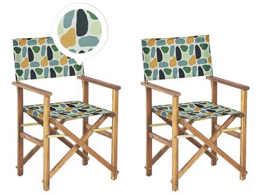 Set of 2 Acacia Folding Chairs and 2 Replacement Fabrics Light Wood with Grey / Geometric Pattern CINE