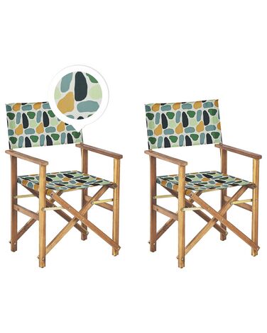 Conjunto 2 cadeiras de jardim madeira clara e 2 lonas cinzentas e padrão geométrico CINE