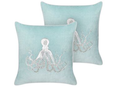 Set of 2 Velvet Cushions Octopus Motif 45 x 45 cm Blue LAMINARIA
