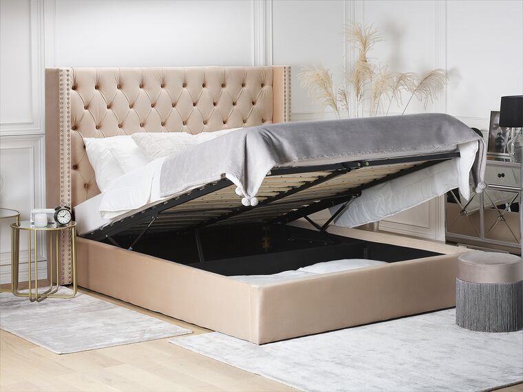 Velvet EU Super King Size Ottoman Bed Beige LUBBON Beliani.co.uk