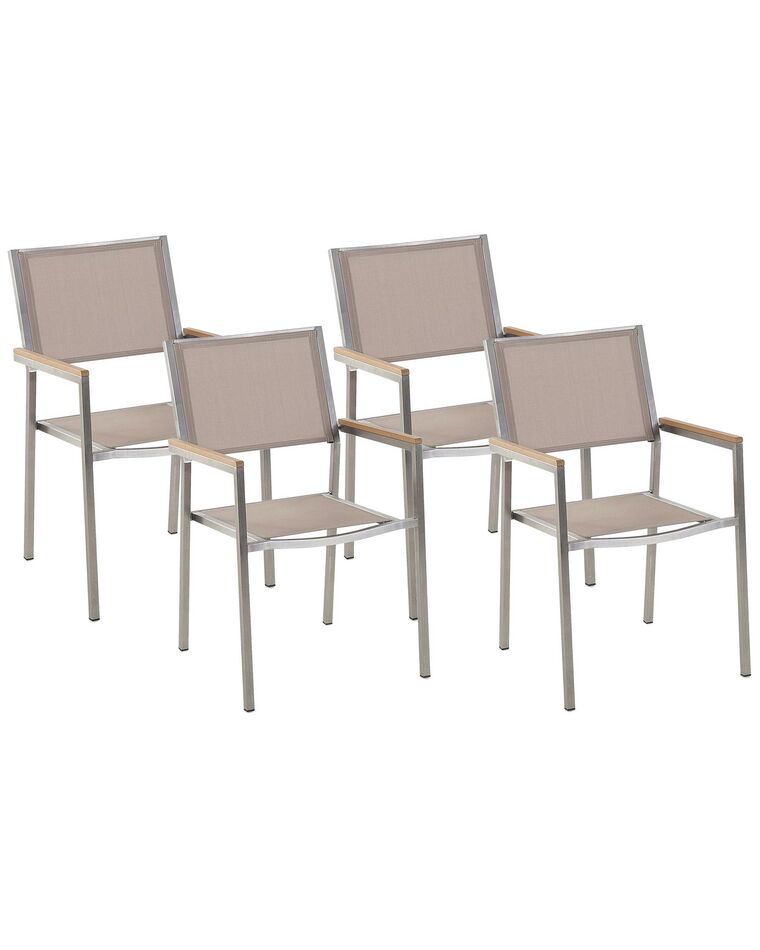 Conjunto de 4 sillas de jardín de poliéster/acero beige arena/plateado/madera clara GROSSETO_818404
