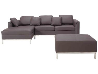 Right Hand Leather Corner Sofa with Ottoman Brown OSLO
