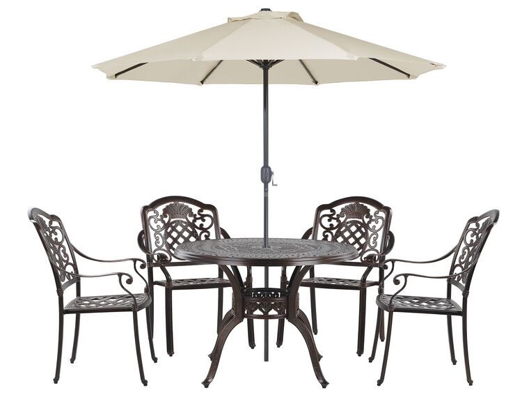 Zestaw ogrodowy metalowy stół i 4 krzesła brązowy SALENTO z parasolem (16 opcji do wyboru)_877716