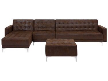 Right Hand Modular Faux Leather Sofa with Ottoman Brown ABERDEEN