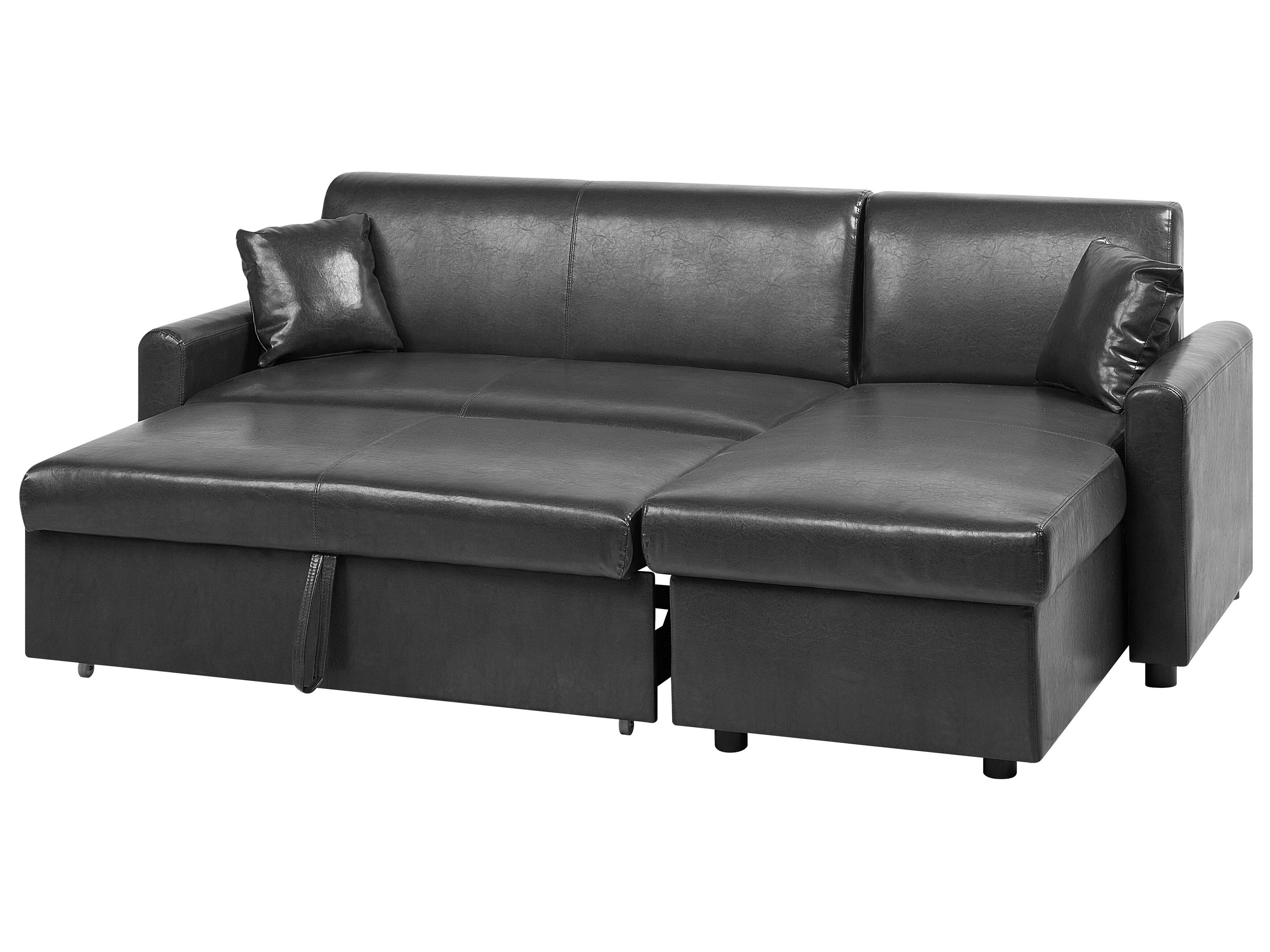 Left Hand Faux Leather Corner Sofa Bed with Storage Black OGNA