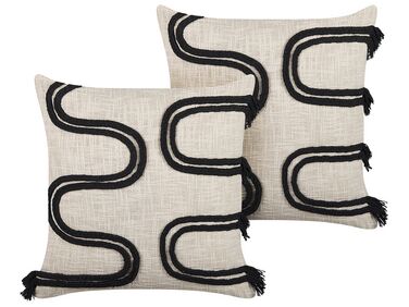 Set of 2 Cotton Cushions  45 x 45 cm Beige and Black FUCHSIA
