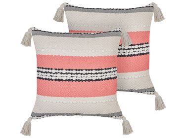 Set of 2 Cotton Cushions Striped Pattern 45 x 45 cm Beige and Red EUPHORBIA