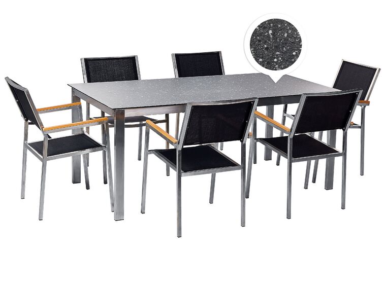 Hatszemélyes fekete gránithatású üveg étkezőasztal fekete székekkel COSOLETO/GROSSETO_881573