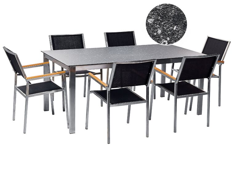 6-sits trädgårdsmatgrupp svart glasskiva med graniteffekt och svarta stolar COSOLETO/GROSSETO_881573