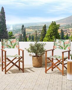 Tumma akaasiapuinen puutarhatuoli luonnonvalkoisella/flamingokuvioisella kankaalla 2 kpl CINE