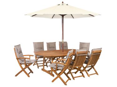 Nyolcszemélyes akácfa étkezőgarnitúra tópszínű párnákkal és napernyővel MAUI 