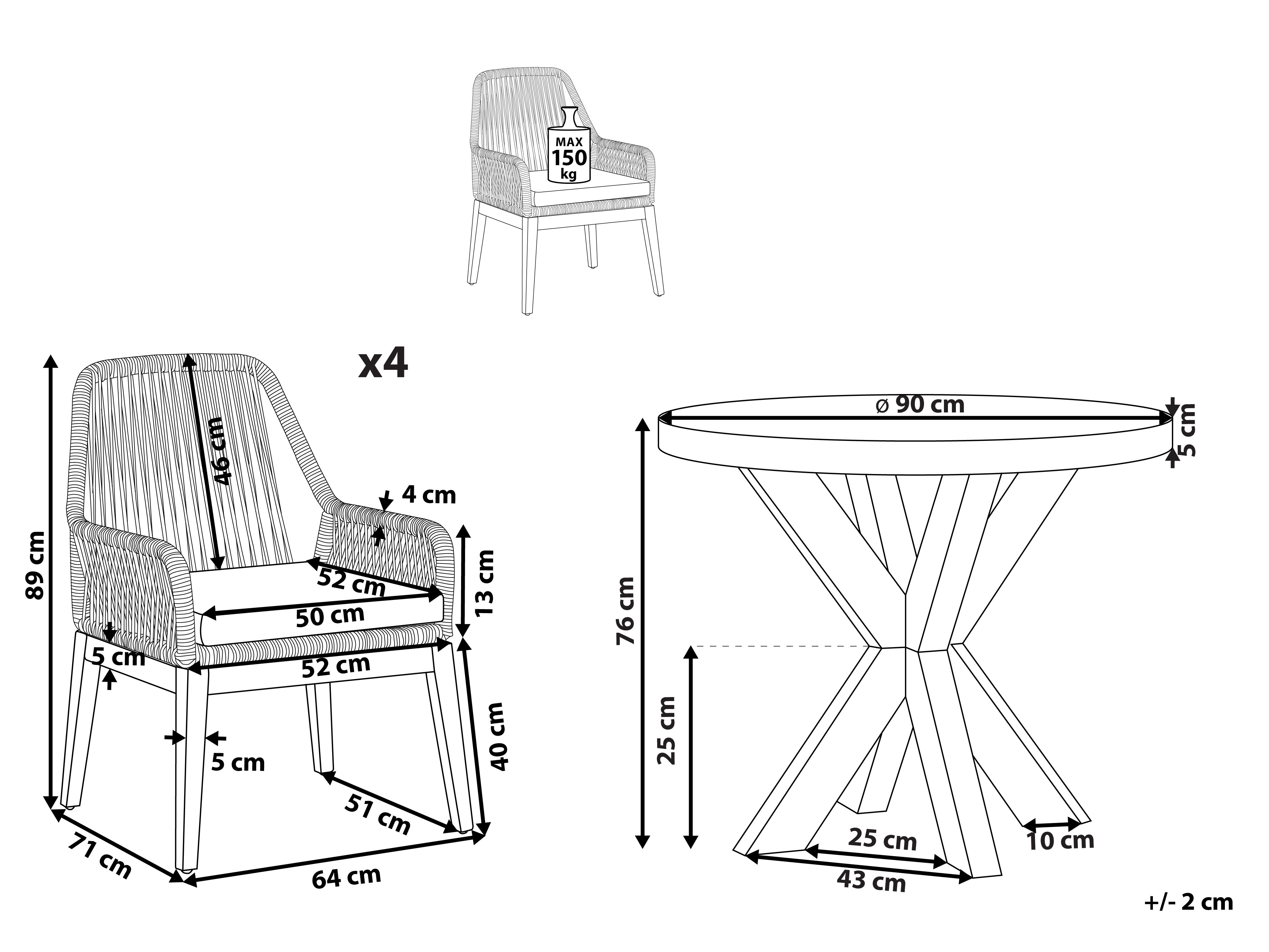 Spisebordssæt 4 stole + Rundt Bord Sort/Grå OLBIA_809619