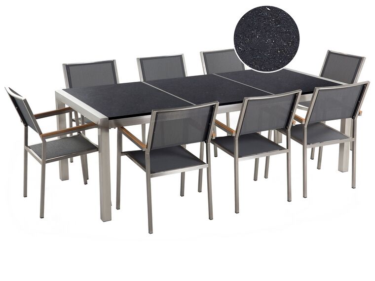 Conjunto de mesa com tampo triplo granito polido preto 220 x 100 cm e 8 cadeiras cinzentas GROSSETO_379791