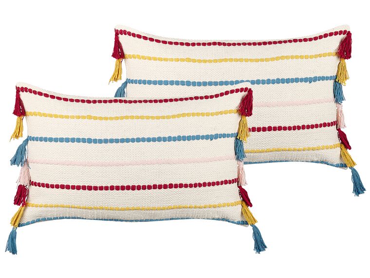 Conjunto de 2 almofadas decorativas em algodão multicolor com padrão de riscas e borlas 40 x 60 cm AGAVE_840379