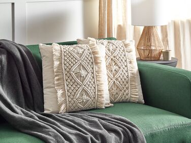Set of 2 Cotton Macrame Cushions with Tassels 45 x 45 cm Beige KALAM