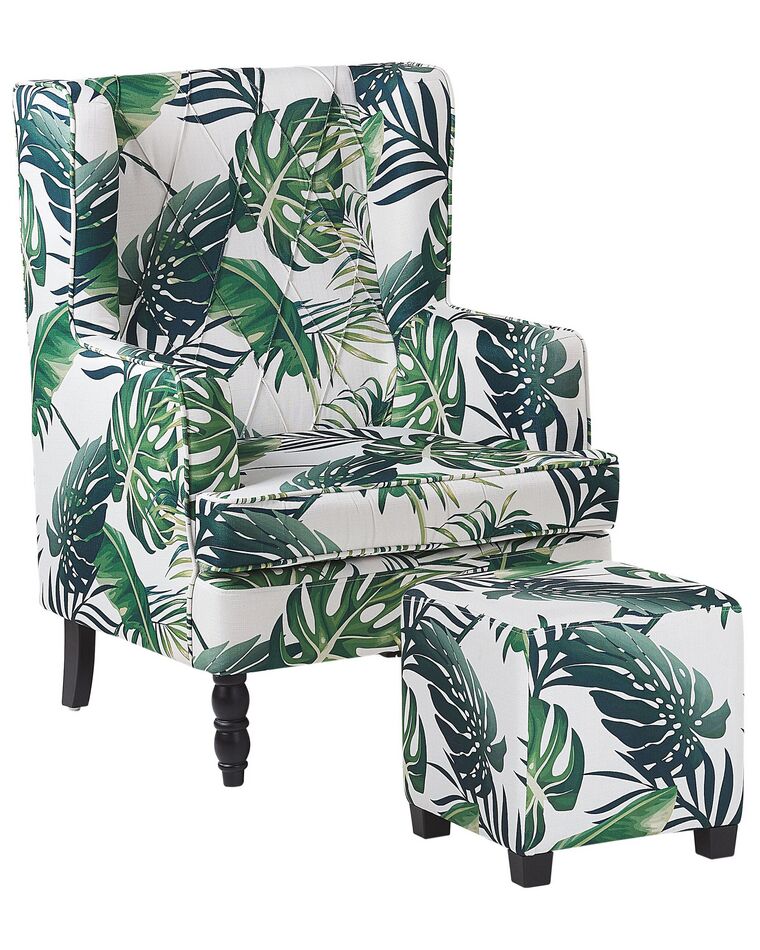 Armchair with Footstool Leaf Pattern White and Green SANDSET_776318