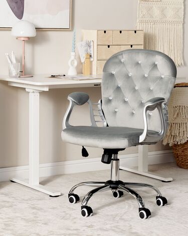 Swivel Velvet Office Chair Light Grey with Crystals PRINCESS