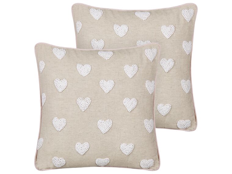Set of 2 Cotton Cushions Embroidered Hearts 45 x 45 cm Beige GAZANIA_893241