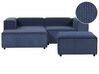 Kombinálható kétszemélyes jobb oldali kék kordbársony kanapé ottománnal APRICA_909042