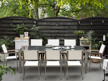 8 Seater Garden Dining Set Grey Granite Top and White Chairs GROSSETO