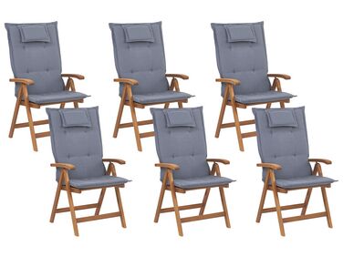 Zestaw 6 krzeseł ogrodowych składany drewniane z poduszkami niebieskimi JAVA